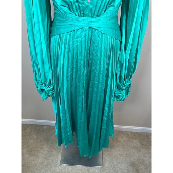 Acler Palms Pleated Long Sleeve Asymmetric Satin Green Midi Dress Sz 6 - Picture 6 of 11